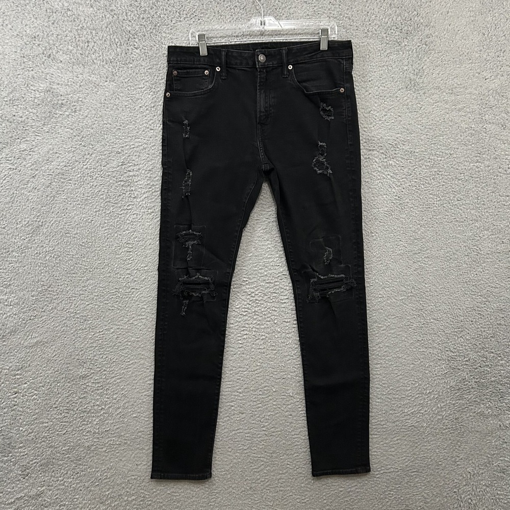 American‎ Eagle Jeans Mens 34x36 Black Denim Athletic Skinny Distressed Stretch